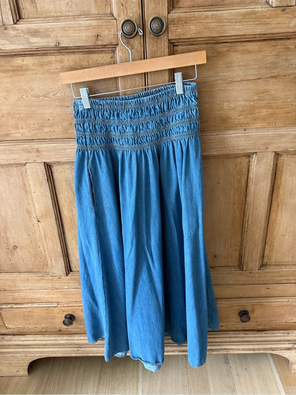 Maje Denim Blue Smocked-Waist Midi Skirt
